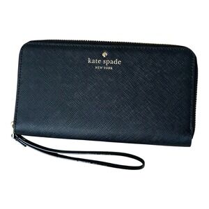 kate spade Black Saffiano Zip Wristlet with Gold Logo